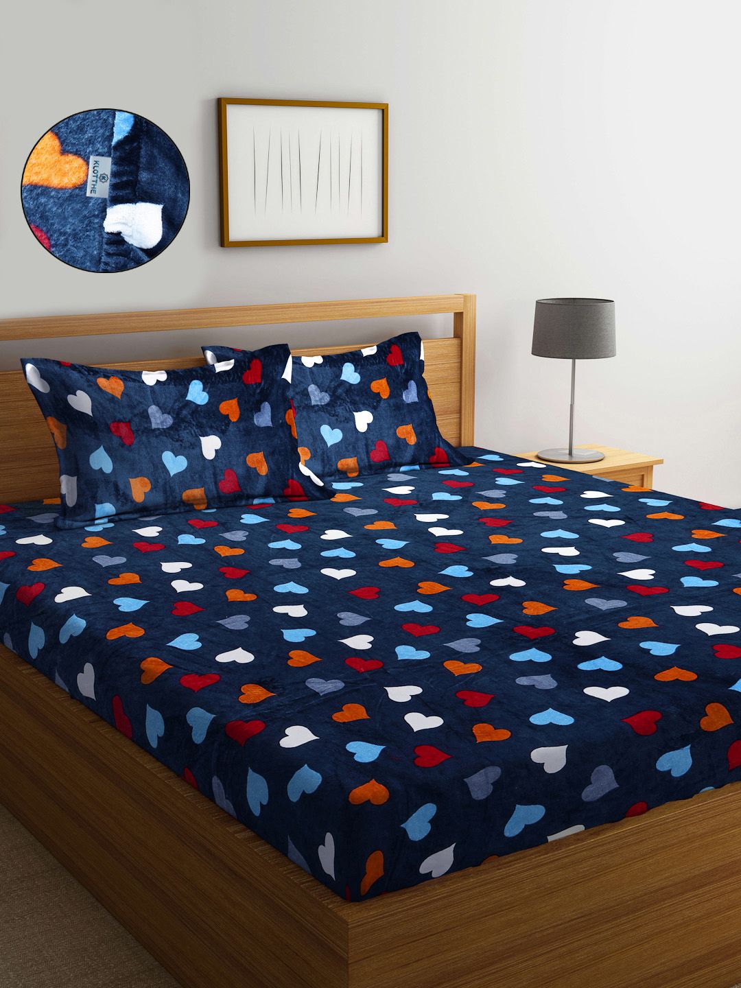 KLOTTHE Blue Printed Woolen 300 TC Fitted King Bedsheet With 2 Pillow Covers