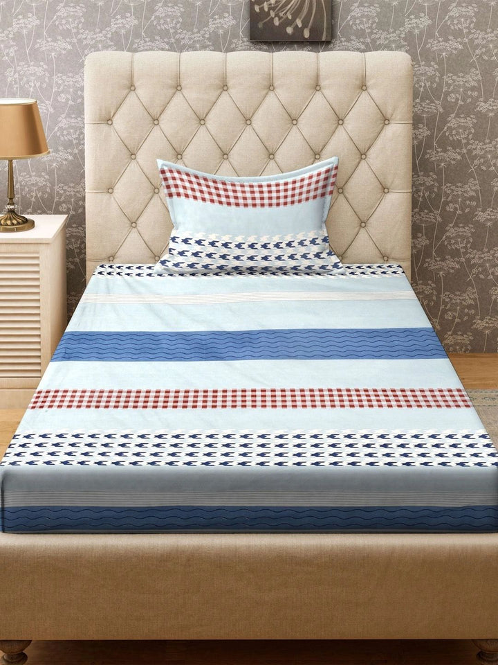 Moda Rapido X KLOTTHE Blue & Red Striped 300 TC Single Bedsheet with 1 Pillow Covers