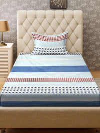 Moda Rapido X KLOTTHE Blue & Red Striped 300 TC Single Bedsheet with 1 Pillow Covers