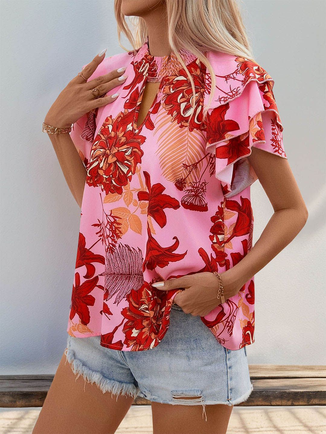 DressBerry Floral Print Keyhole Neck Flutter Sleeve Ruffled Top