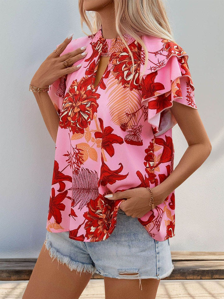 DressBerry Floral Print Keyhole Neck Flutter Sleeve Ruffled Top