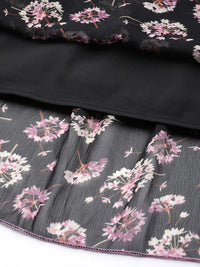 Antheaa Women Black & Lavender Floral Tie-Up Neck Maxi Dress