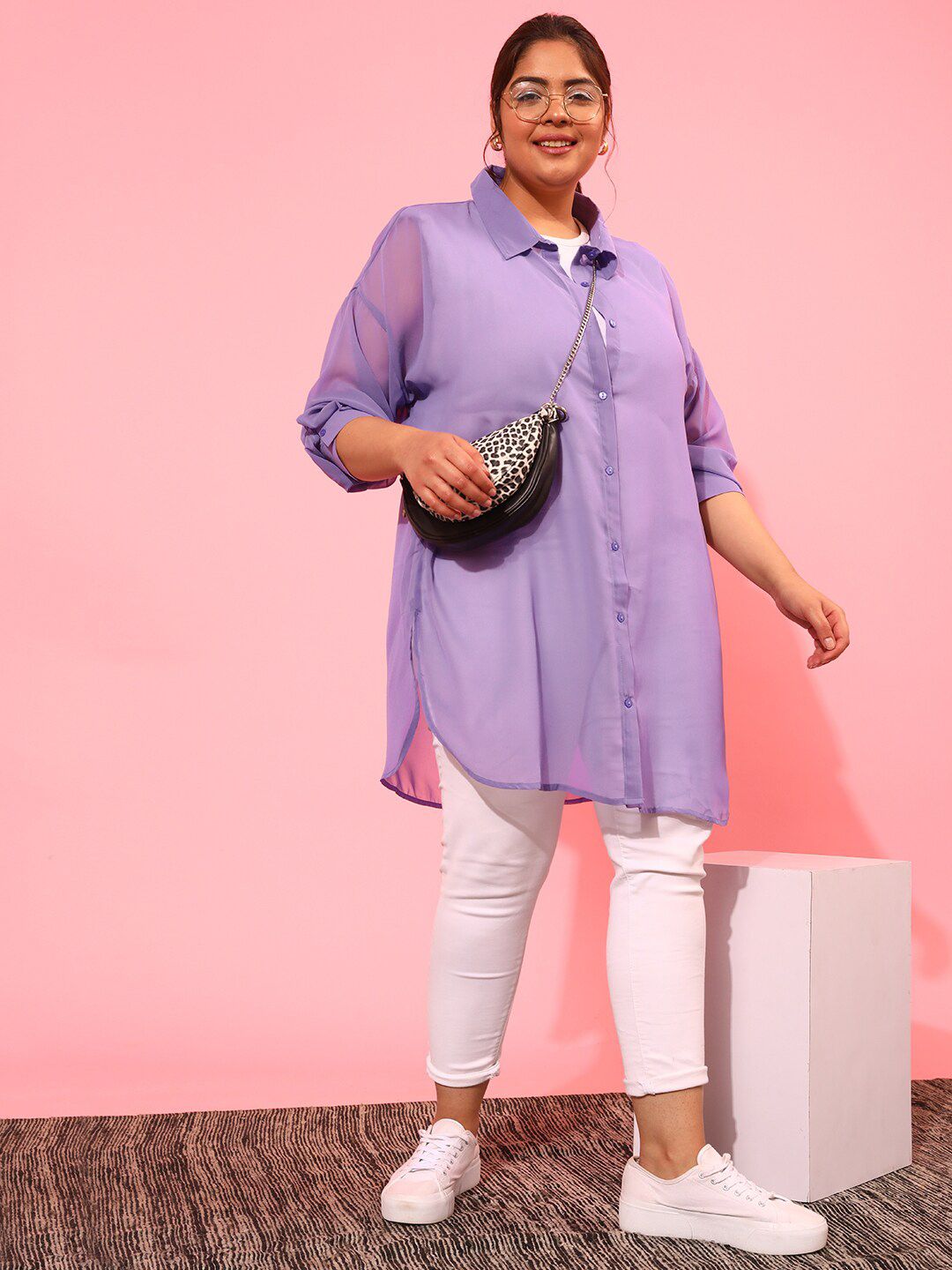 CURVY STREET Button Cuff Long Sleeves Longline Sheer Casual Shirt