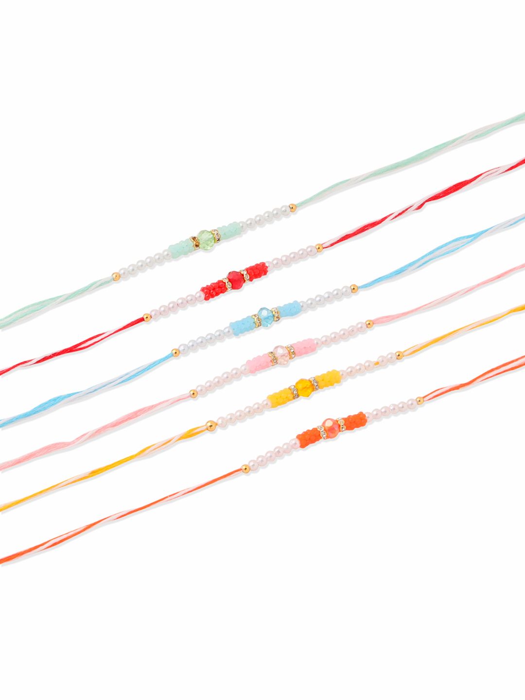 NVR Unisex Set of 6 Multicolor Artificial Stones & Pearls Rakhi With Roli Chawal