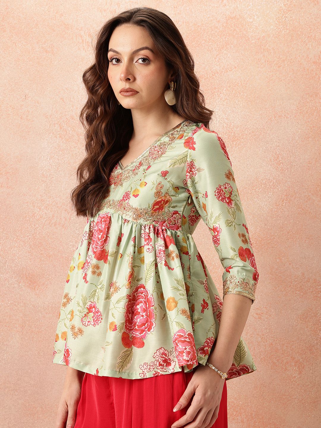 all about you Ethnic Motifs Printed Zari Work Pleated A-Line Kurti