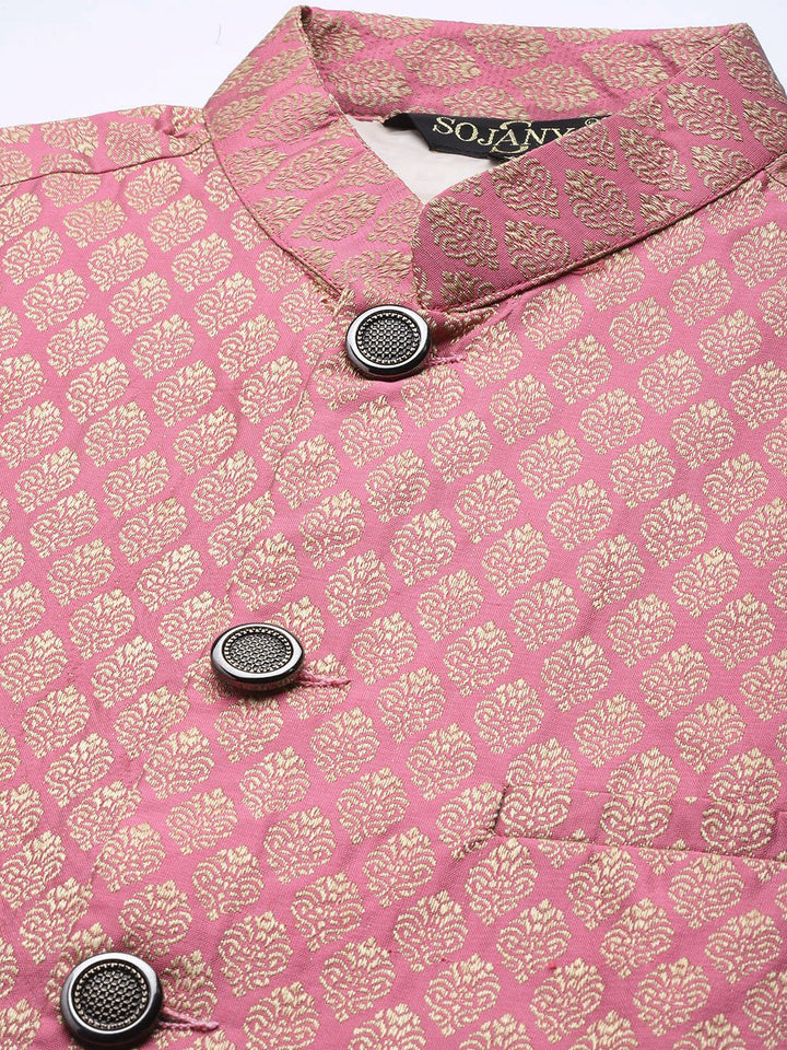 SOJANYA Men Gold Striped Thread Work Straight Kurta Churidar & Nehru Jacket