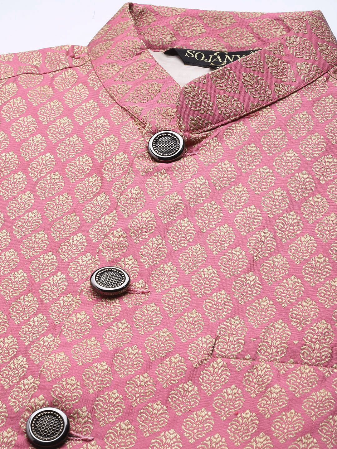 SOJANYA Men Gold Striped Thread Work Straight Kurta Churidar & Nehru Jacket