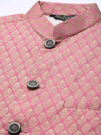 SOJANYA Men Gold Striped Thread Work Straight Kurta Churidar & Nehru Jacket