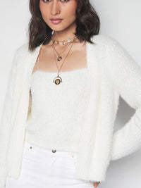 AND Women Striped with Fuzzy Detail Open Front Sweater with Crop Top