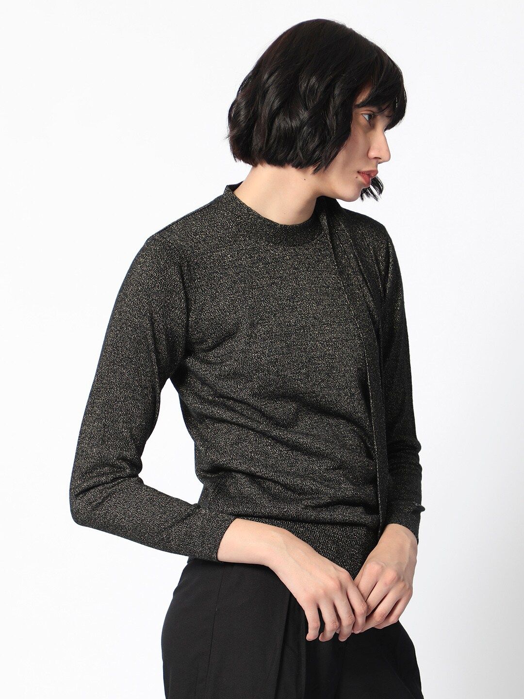 RAREISM Self Design Tie Ups Detail Long Sleeves Shimmer Top