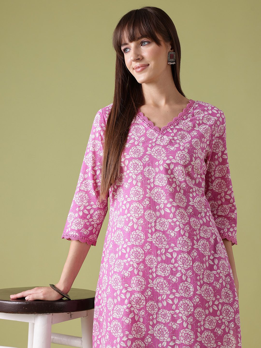 Anouk Floral Printed Lace Insert Detail Pure Cotton Straight Kurta with Trousers