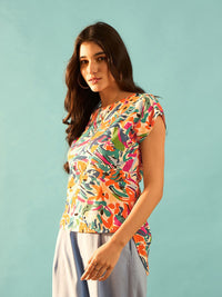 Berrylush White Abstract Printed Cut Out Detailed Twisted Extended Sleeve Styled Back Top