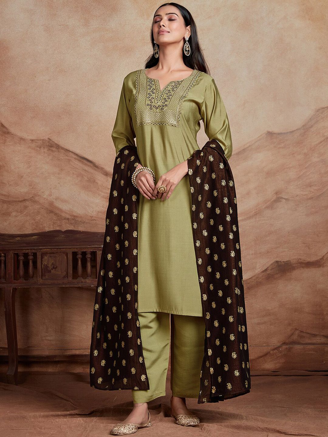 KALINI Ethnic Motifs Yoke Design Chanderi Silk Straight Kurta With Palazzos & Dupatta