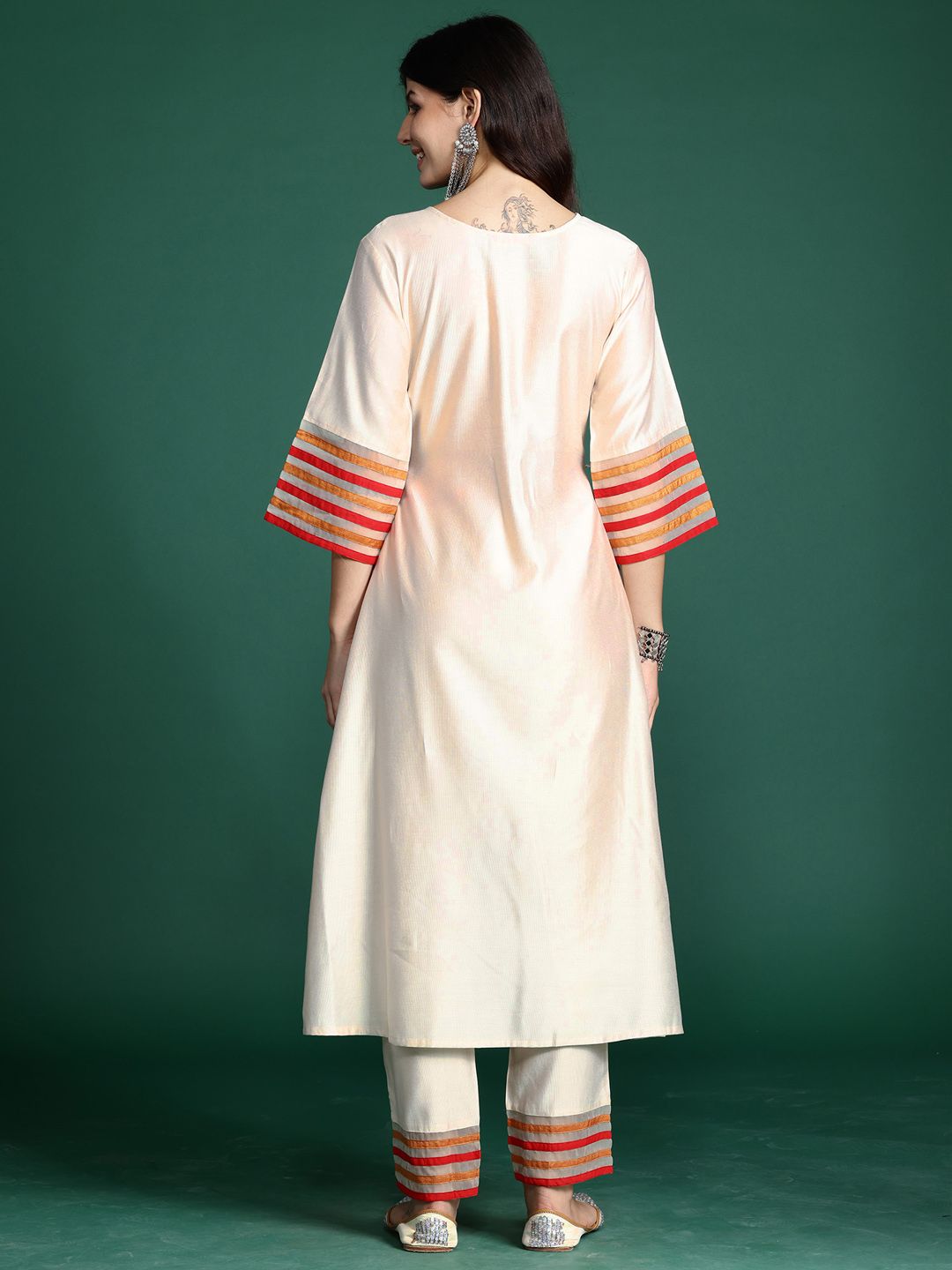 Indo Era Women Floral Yoke Design Empire Thread Work Liva Kurta with Trousers