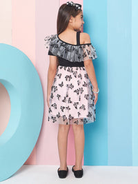 pspeaches Girls Floral Print Cold-Shoulder Woollen Net Fit & Flare Dress