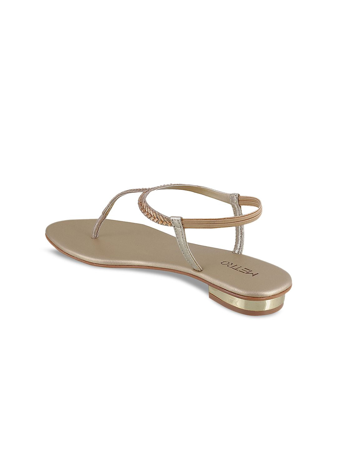 Metro Women Gold-Toned Solid Synthetic T-Strap Flats