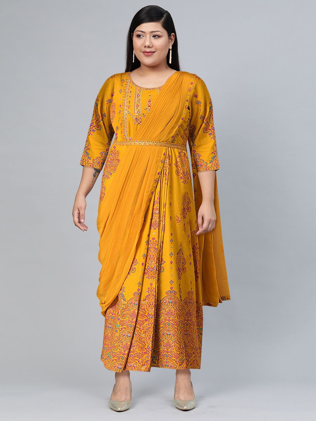 W Women Yellow Ethnic Motifs Printed Ethnic Maxi Dress