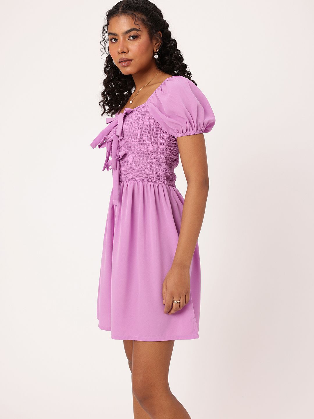 DressBerry Breathe Basics Bowed & Smocked A-Line Mini Dress