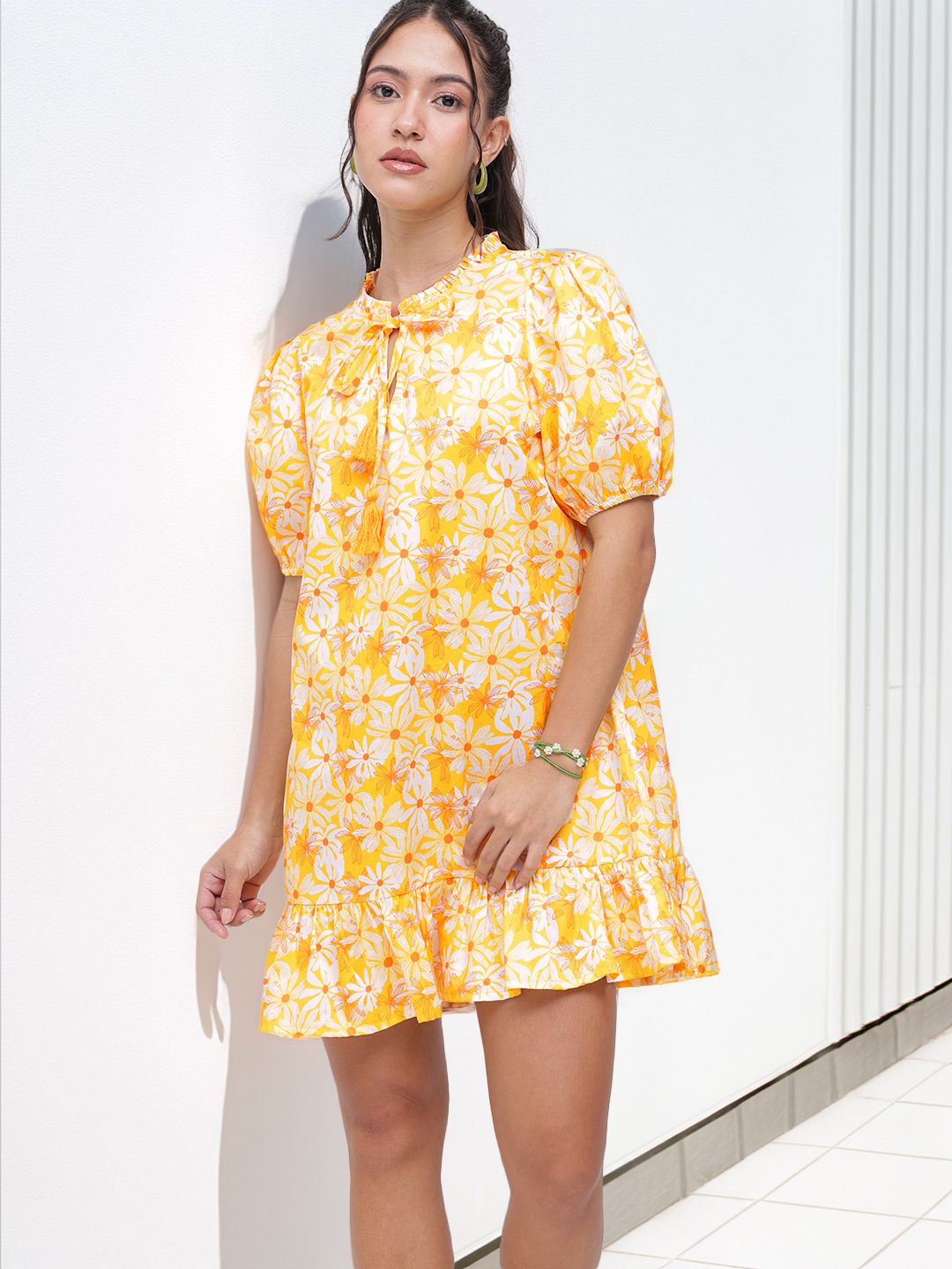 DressBerry Sunny Cheerful Blooms Puff Sleeves A-Line Dress