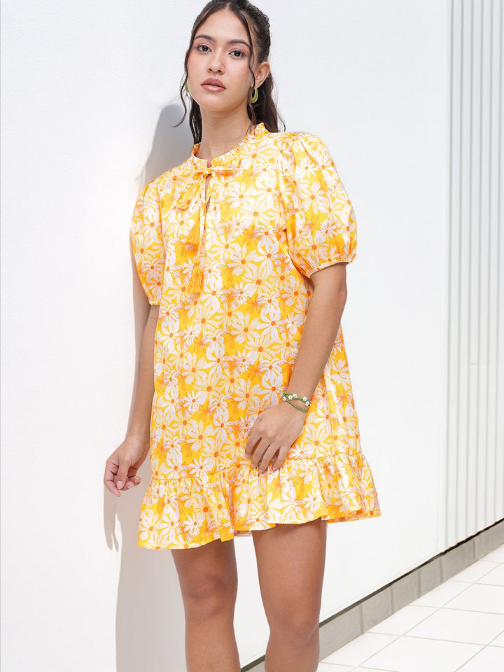 DressBerry Sunny Cheerful Blooms Puff Sleeves A-Line Dress