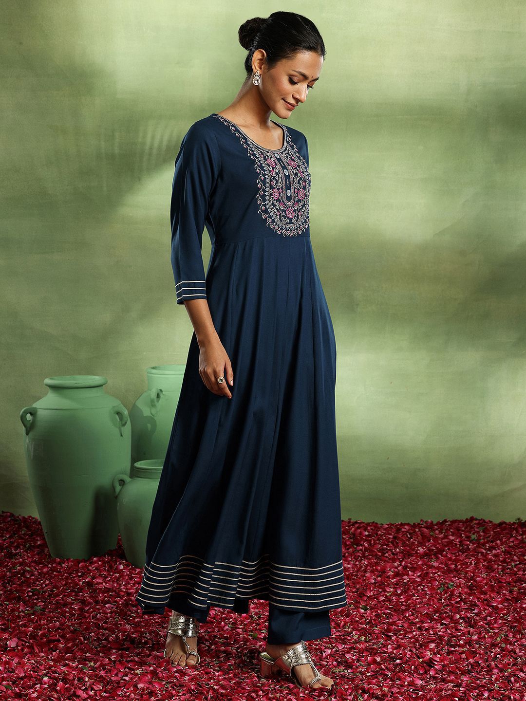 Libas Womens Navy Blue Yoke Design Viscose Anarkali Kurta With Trousers & Dupatta