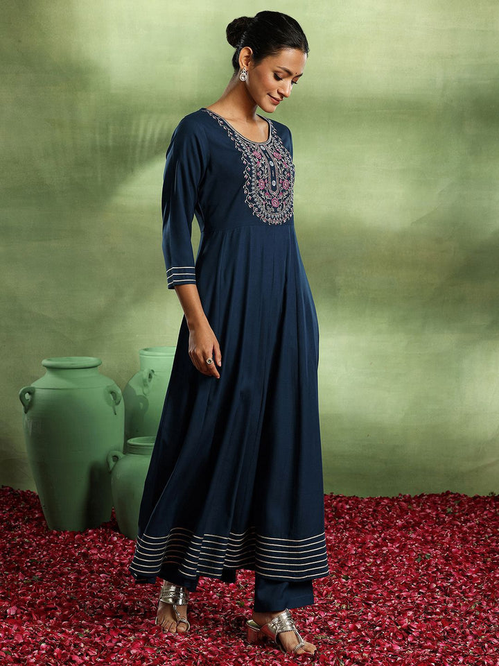 Libas Womens Navy Blue Yoke Design Viscose Anarkali Kurta With Trousers & Dupatta