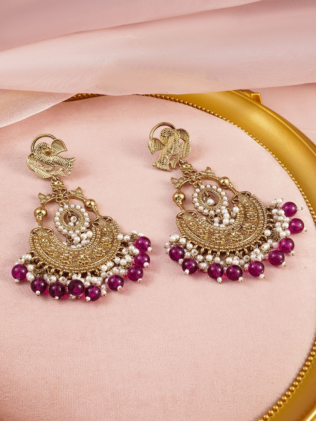 Rubans 18K Gold-Plated Big Chandbali Earrings with Deep Magenta Beads and Pearl Accents