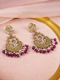 Rubans 18K Gold-Plated Big Chandbali Earrings with Deep Magenta Beads and Pearl Accents
