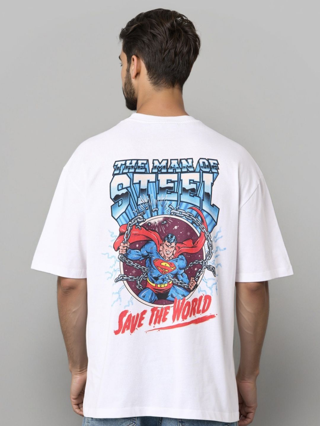 The Indian Garage Co Men Superman Graphic Printed Round Neck Cotton Oversized T-shirt