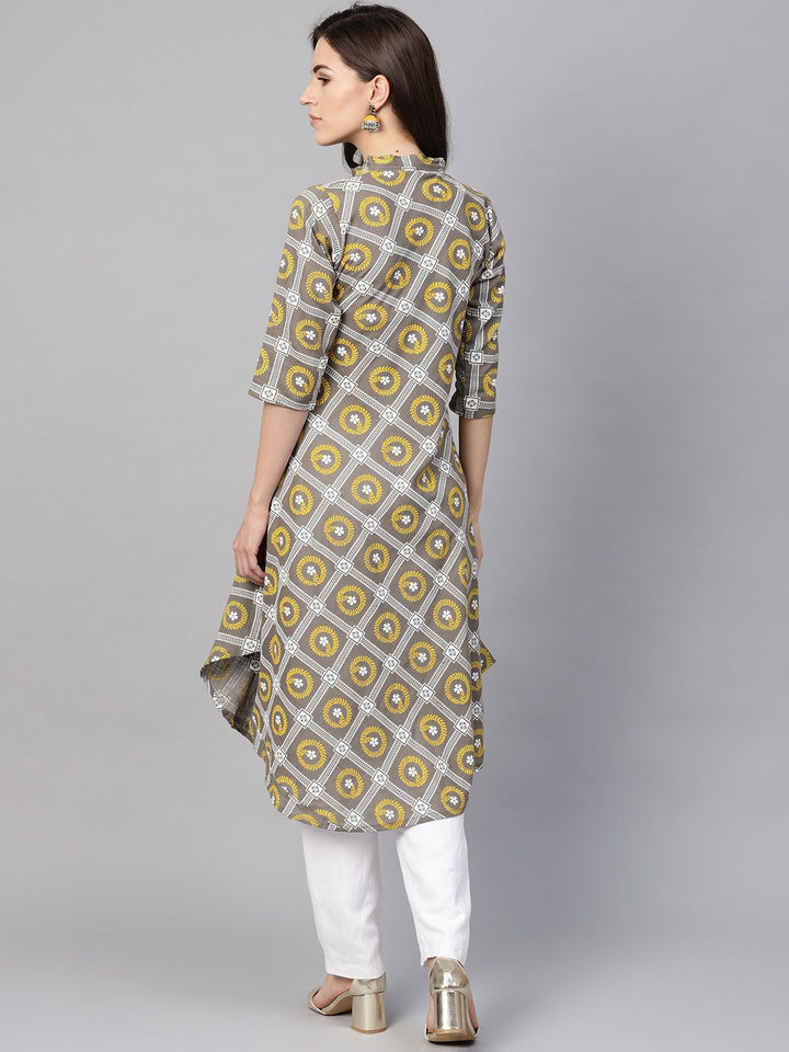 SOJANYA Kurta Bercetak A-Line Wanita Kelabu & Kuning