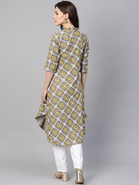 SOJANYA Kurta Bercetak A-Line Wanita Kelabu & Kuning