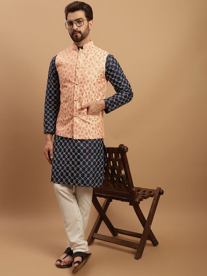 SOJANYA Geometric Embroidered Regular Kurta with Churidar & Embroidered Nehru Jacket