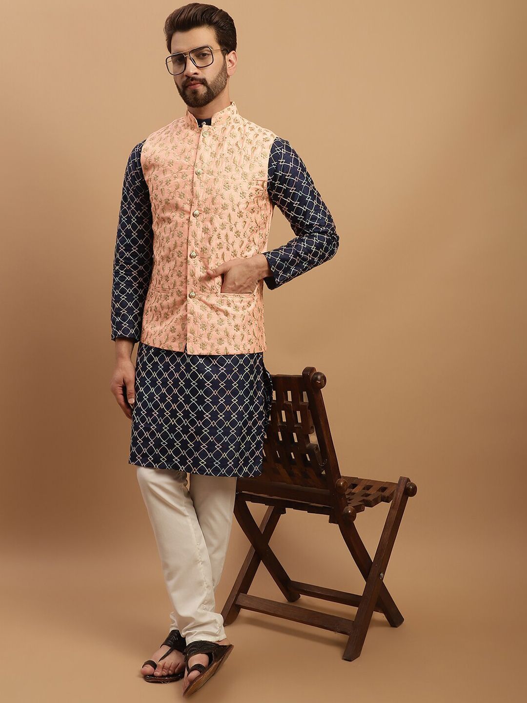 SOJANYA Geometric Embroidered Regular Kurta with Churidar & Embroidered Nehru Jacket