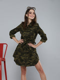 SASSAFRAS Olive Green Camouflage Printed Shirt Dress With Waist Tie-Up Detail