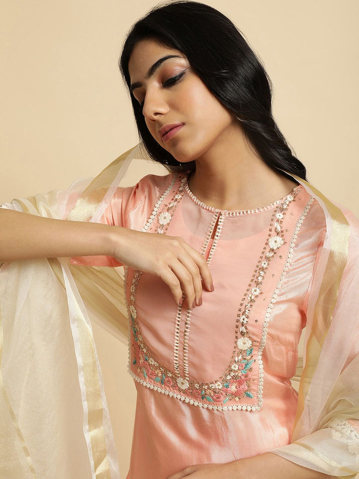 W Floral Embroidered Regular Thread Work Kurta with Palazzos & Dupatta