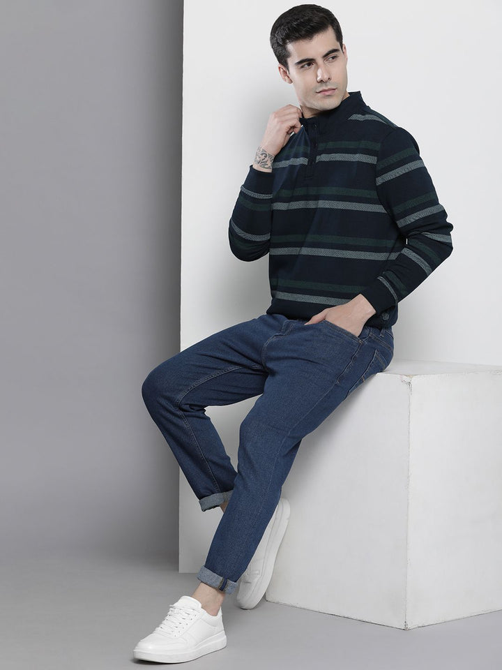 The Indian Garage Co Men Navy Blue & Green Striped Sweatshirt