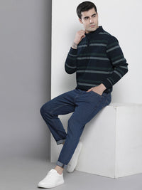 The Indian Garage Co Men Navy Blue & Green Striped Sweatshirt