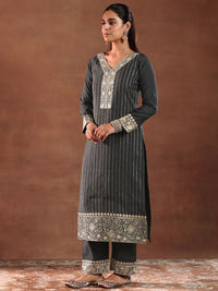 Libas Black and Grey Floral Embroidered Thread Work Kurta with Trouser & Dupatta