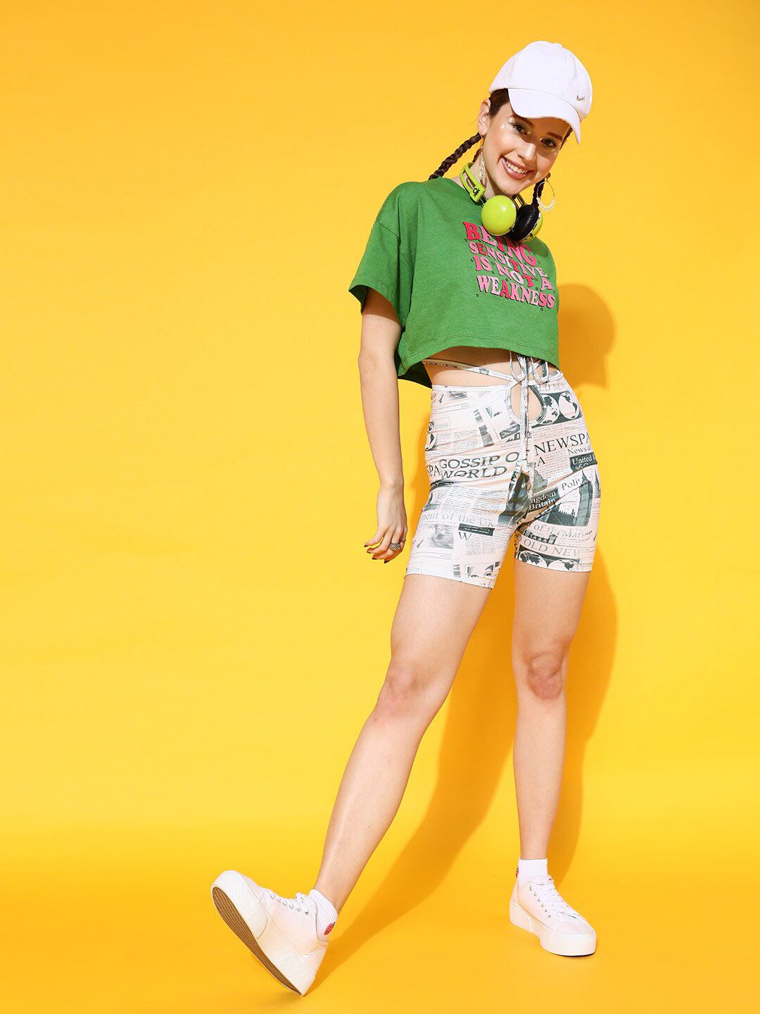 STREET 9 Women Green Printed Drop-Shoulder Sleeves Bio Finish Applique Oversized  Crop T-shirt
