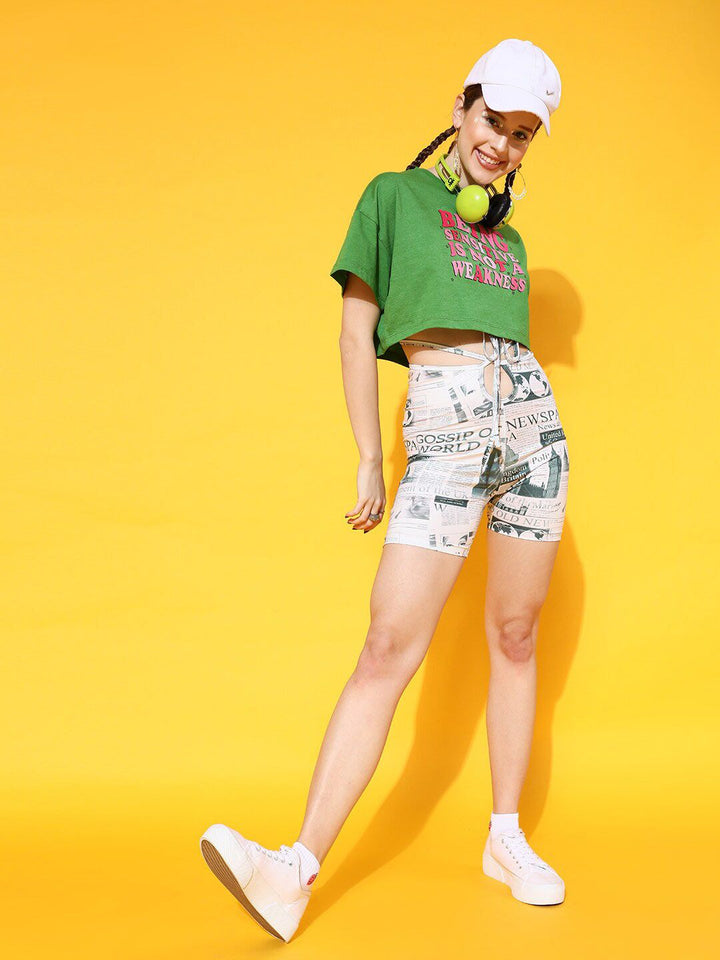 STREET 9 Women Green Printed Drop-Shoulder Sleeves Bio Finish Applique Oversized  Crop T-shirt