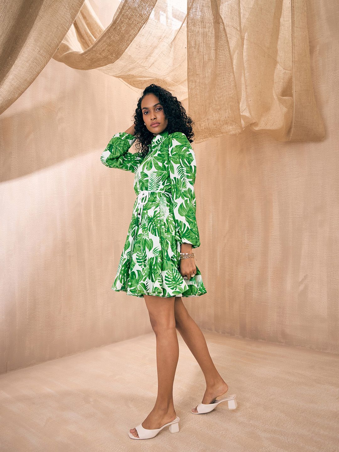 Pink Paprika by SASSAFRAS Green Tropical Printed Belted Shirt Dress