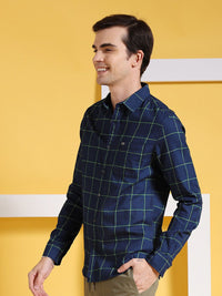 The Indian Garage Co Navy Blue Slim Fit Windowpane Checked Pure Cotton Casual Shirt