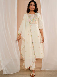 Libas Floral Embroidered Regular Thread Work Pure Cotton Kurta With Trousers & Dupatta