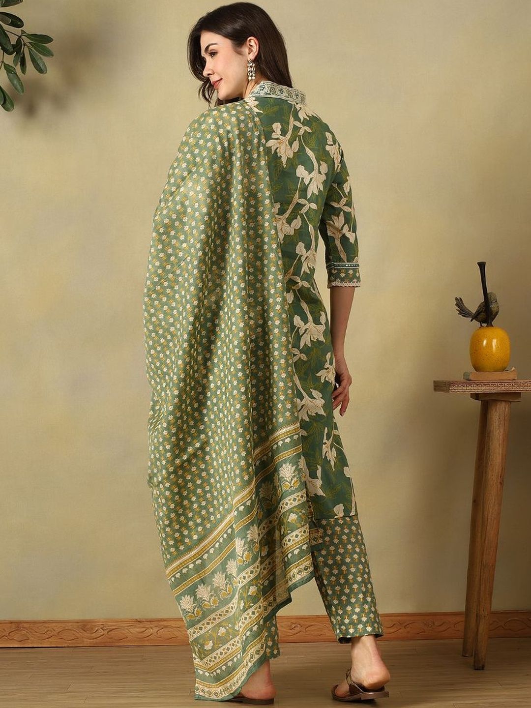 Mamicha Women Floral Printed Angrakha Pure Cotton Kurta with Trousers & With Dupatta
