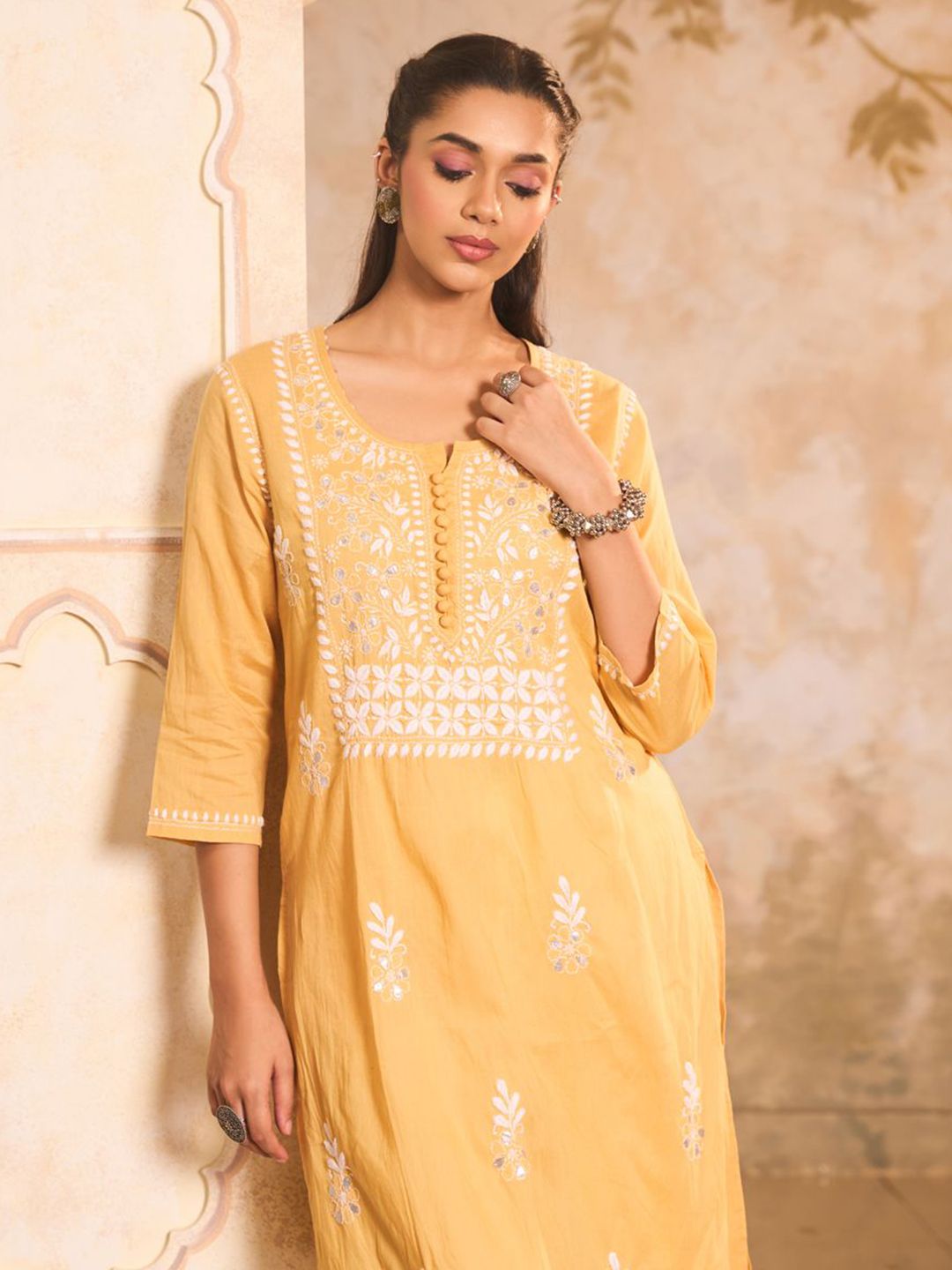 House of Chikankari Women Yellow Cotton Chikankari Embroidered Kurta