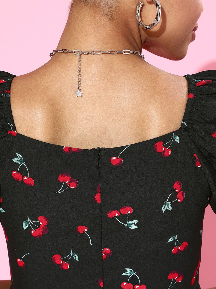 Berrylush Women Stylish Black Floral Sweetheart Neck Dress