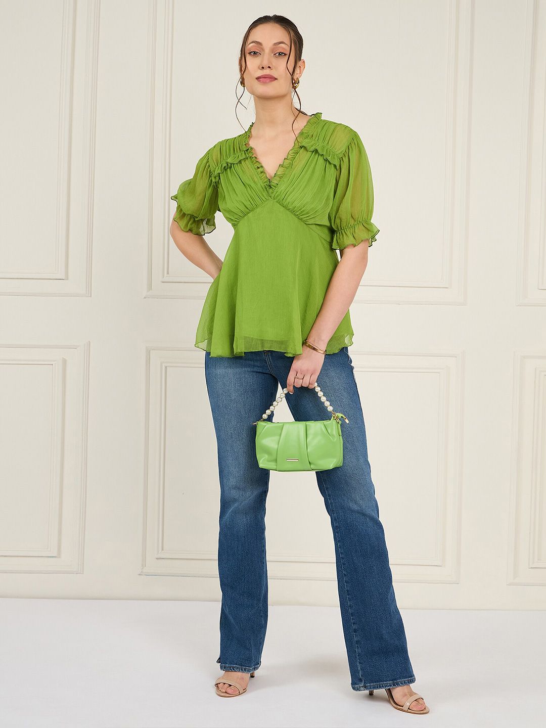 Antheaa Puff Sleeve Chiffon Empire Top