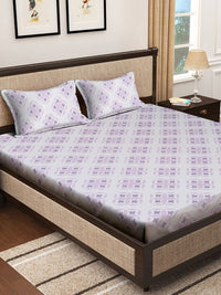 KLOTTHE White Floral Pure Cotton 400 TC Fitted King Superfine Bedsheet with 2 Pillow Covers-98 x 89 inches