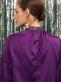 STREET 9 High Neck Sequined Gathered Puff Sleeves Top