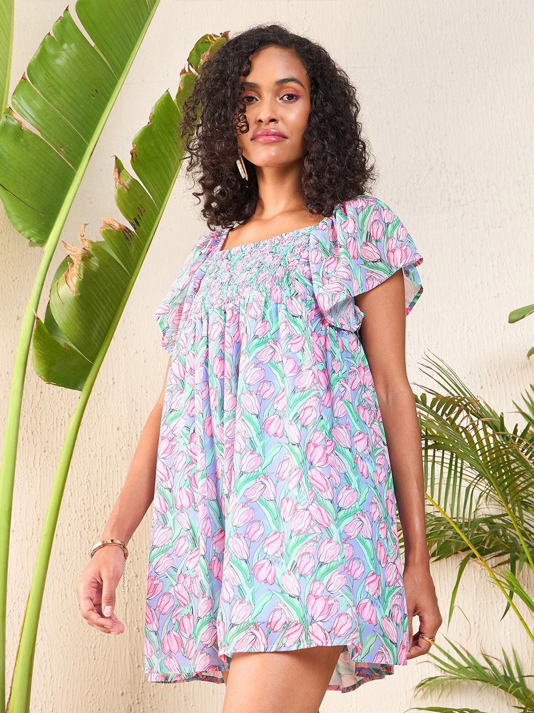 SASSAFRAS Floral Printed Flutter Sleeve Smocked Georgette A-Line Dress